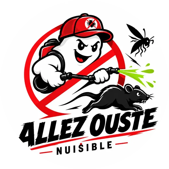 Allez Ouste Nuisibles : un petit fantôme à casquette rouge qui asperge un rat et une guêpe